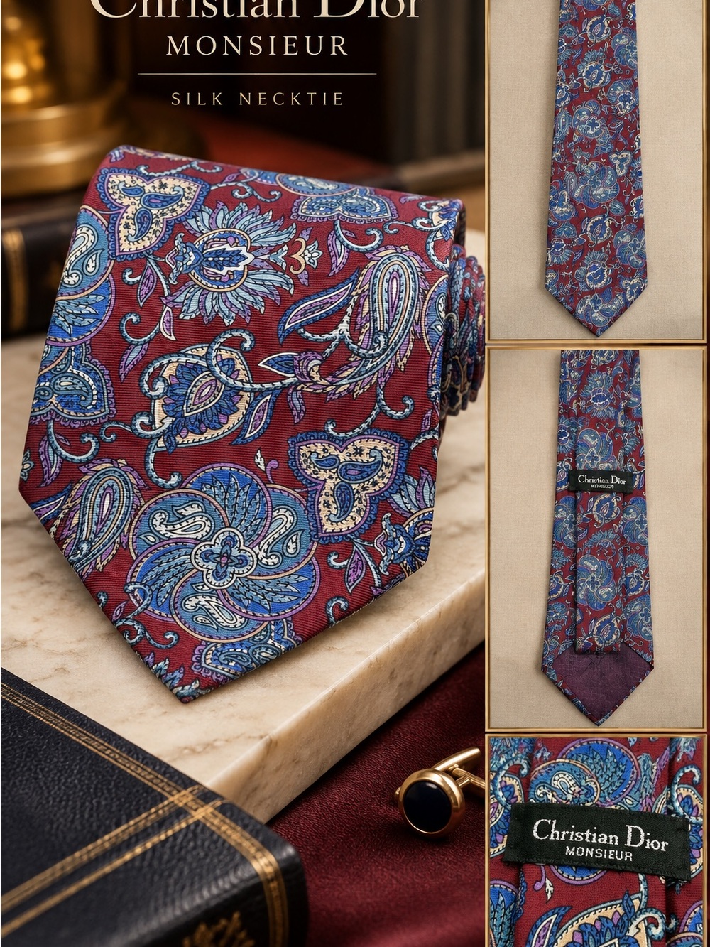 Dior Silk Paisley Tie in Burgundy and Blue